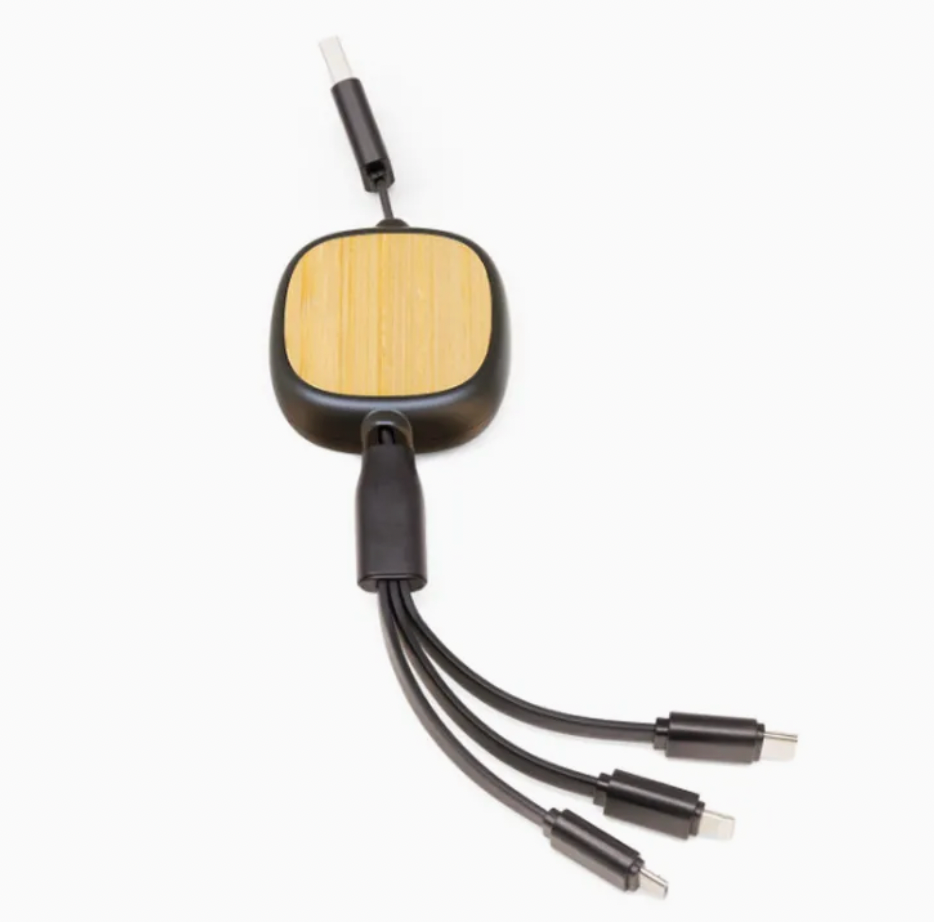 3-in-1 Retractable Bamboo USB Charging & Data Cable