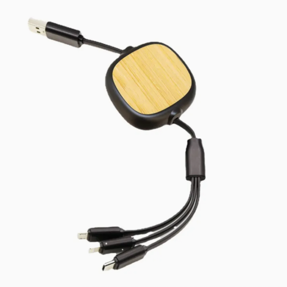 3-in-1 Retractable Bamboo USB Charging & Data Cable